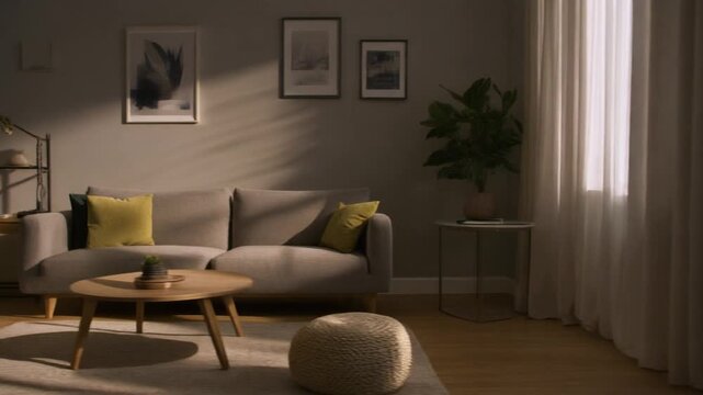Tracking across a cozy apartment sitting area, sofa contours and side tables shaped by gentle shadow movement.