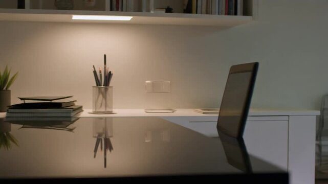 Tracking across a modern home office where glossy desktop reflections migrate gradually and soft light rolls across shelving lines.