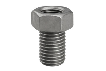 Stainless steel hex nut fastening onto a bolt for construction, engineering, and mechanical assembly with transparent background