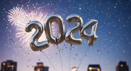 Shiny silver 2024 balloons floating above city skyline with fireworks display