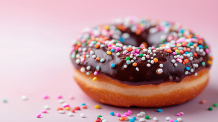 Chocolate glazed donut topped with colorful sprinkles, placed on a pastel background, soft playful lighting, cheerful dessert styling.