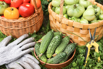 Organic summer cucumbers and colorful tomatoes vegetables harvest in garden. Harvesting tomato and cucumber on grass close up