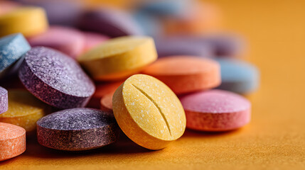 Assorted colorful medical tablets are scattered on vibrant surface, showcasing variety of shapes and textures. image highlights diversity in pharmaceutical products