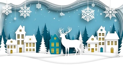 Paper cut style winter village scene with white reindeer silhouette standing in the snow among small houses and pine tree forest under falling snowflake decoration