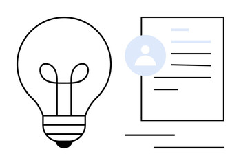 Innovation, personal branding, identity, creativity, resume building, profile creation. Lightbulb and document with user icon. Innovation and personal branding