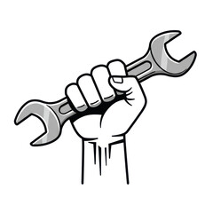 A stylized muscular fist clenching a silver metal wrench, raised up on a white background in a bold vector style. Concept of industrial labor and solidarity