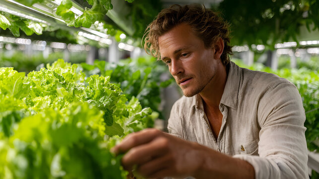 Man tends to lush green plants in vertical indoor farm, showcasing modern agriculture techniques. vibrant greenery and focused expression highlight innovation and dedication in urban farming - Powered by Adobe