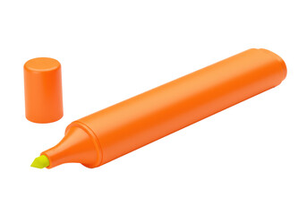 Photorealistic macro shot of a new orange highlighter pen with a yellow-green nib, isolated on a white background. Concept for professional office advertisement