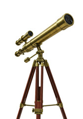 A detailed antique brass telescope on a mahogany tripod, angled up against a transparent background with copy space. Concept of scientific exploration and discovery