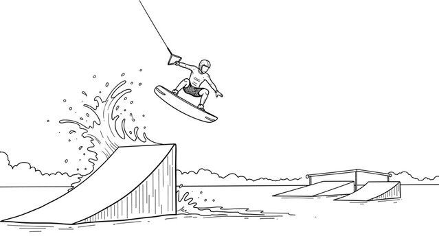 Wakeboarder performing trick on cable park ramp - dynamic line art illustration