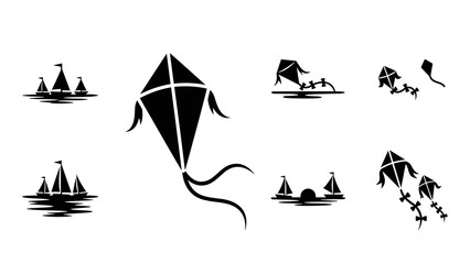 Minimalist silhouettes of kites and sailboats in flight and at sea adventure