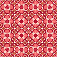 seamless pattern with red flowers,pink,white, brown curves ,painted create to flowershape, leaves, red background in geometric patterns as sarong,fabric,tile,printed fabric,batik,tablecloth patterns.