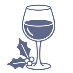 Illustration of a wine glass filled with liquid and holly leaves with berries in a festive style