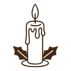 Illustration of a single candle with dripping wax and holly leaves at the base in a simple line drawing