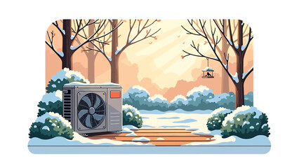 Outdoor heat pump unit in a snowy winter landscape with trees and bushes.