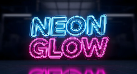 Bright neon sign glows with blue and pink text against a dark background