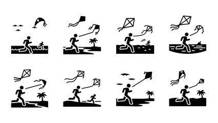 Dynamic silhouette scenes of people enjoying kite flying outdoors by the beach