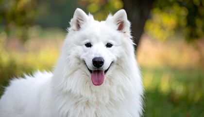 Happy Samoyed Dog with White Fur and Pink Tongue.