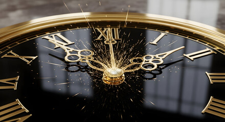 Close up of a vintage clock face with roman numerals and ornate hands nearing midnight