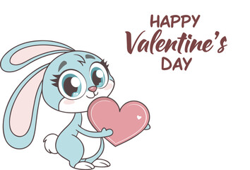 Cartoon bunny holds pink heart, happy valentine's day illustration