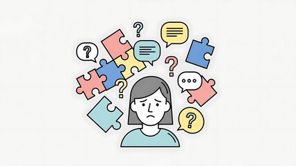 Puzzled Woman with Question Marks and Puzzle Pieces