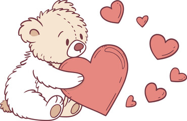 Cute cartoon teddy bear holding big red heart with flying hearts