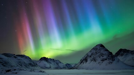 A scenic mountain landscape captures the beauty of nature from a snowy peak at sunrise and sunset, featuring a glowing horizon under a summer sky filled with light and clouds