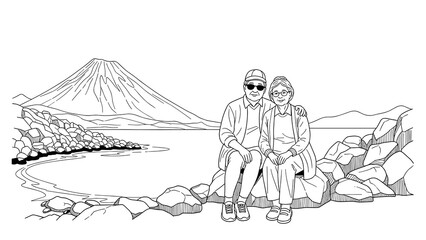 Elderly couple relaxing by mountain lake in black and white line art