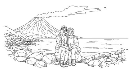 Elderly couple sitting by coastal rocks with volcanic mountain in background in linear style
