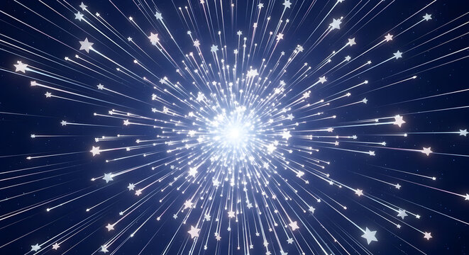 Abstract burst of bright white light streaks against a dark blue background - Powered by Adobe