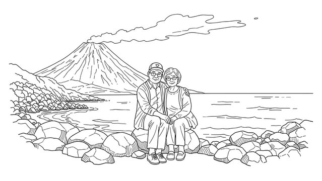 Elderly couple sitting by coastal rocks with volcanic mountain in background in linear style