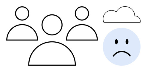 Mental health concept. Mental health affects social connections and emotions. Mental health struggles ed by people icons, unhappy face, and cloud. For support systems, awareness, social impact