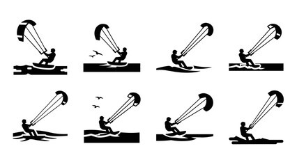 Silhouette icons of kite surfers performing various maneuvers over water