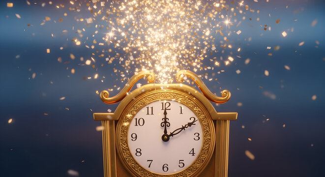 Golden antique clock with sparkling fireworks exploding above it