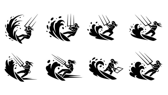 Dynamic kite surfing silhouettes capturing exciting ocean wave action - Powered by Adobe