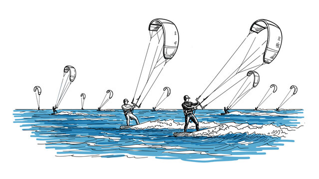 Thrilling kite surfing adventure with multiple kiteboarders over ocean waves in sketch style