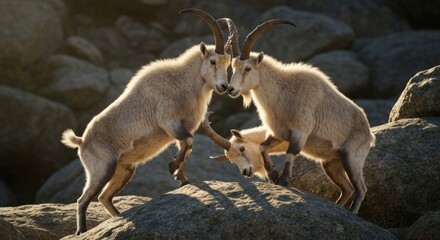 Fototapeta premium Three mountain ungulates engaged in a display of dominance on rocky terrain
