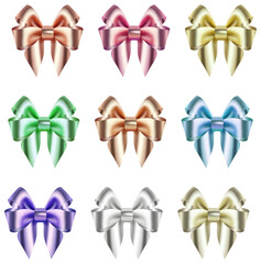 Decorative gift ribbon and bow isolated on transparent background. Blue, red, green, pink, golden holiday