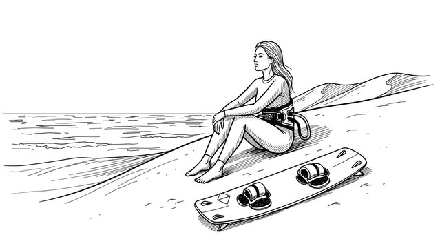 Serene beach scene with woman and surfboard in black and white line art - Powered by Adobe