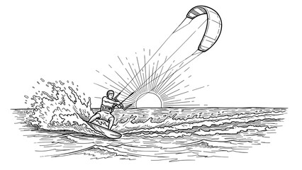 Monochrome kiteboarding adventure with sunset and ocean waves scene in hand drawn style