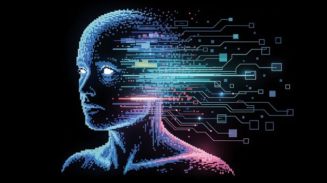Digital Mind: An ethereal digital portrait presents a human form undergoing a mesmerizing transformation, pixels dissolving into lines of code.
