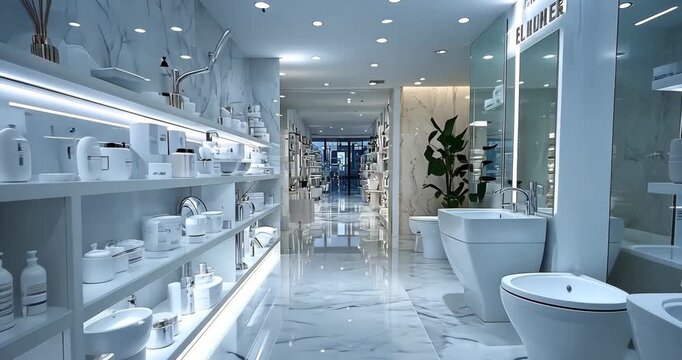 A bright, modern bathroom showroom with white marble, showcasing sanitary ware and various products on illuminated shelves. Elegant and stylish design.
