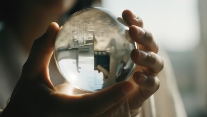 Crystal ball reflecting Kaaba in Mecca Saudi Arabia held by hands.