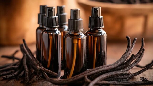 Video Close-up of a bottle of vanilla essential oil with vanilla beans inside