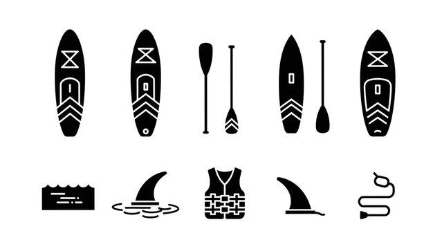 Paddle boarding icon set: minimalist silhouette design for water sports enthusiasts