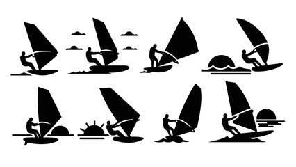 Silhouette windsurfing icons: dynamic water sports collection under the sun