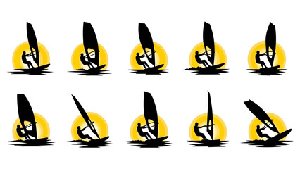 Dynamic windsurfing silhouettes set against a vibrant sunset