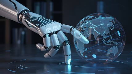 AI Hand Touching Globe: An advanced robotic hand delicately touches a holographic globe, symbolizing the convergence of technology and global connectivity. Representing innovation