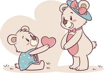 Adorable cartoon teddy bears exchange heart, symbolizing love.