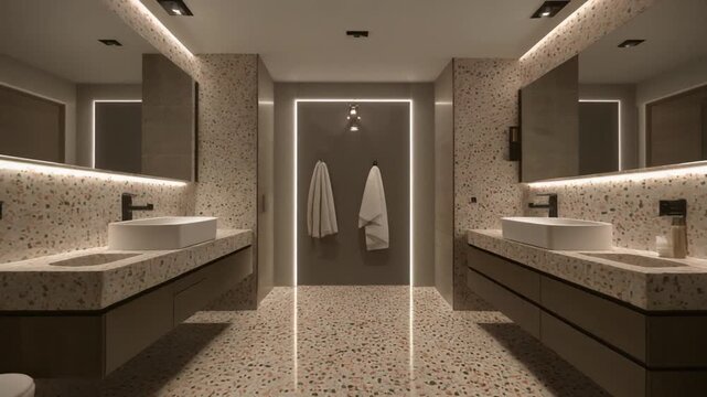 Bathroom interior with symmetrical layout, terrazzo flooring, and ambient glow framing the floating vanity.